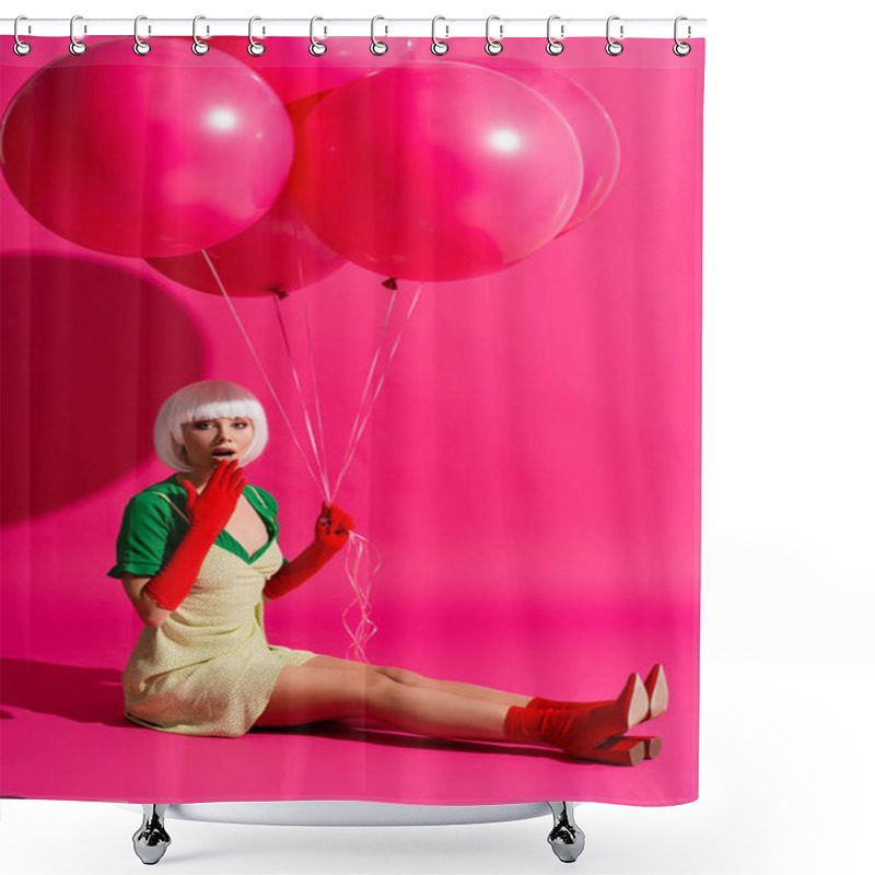 Personality  Shocked Fashionable Girl In White Wig Holding Balloons On Pink  Shower Curtains