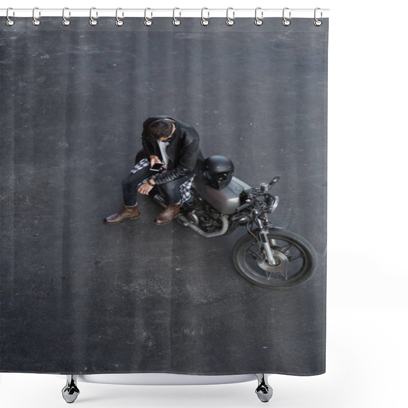 Personality  Top View To Brutal Man With Cafe Racer Custom Motorbike. Shower Curtains