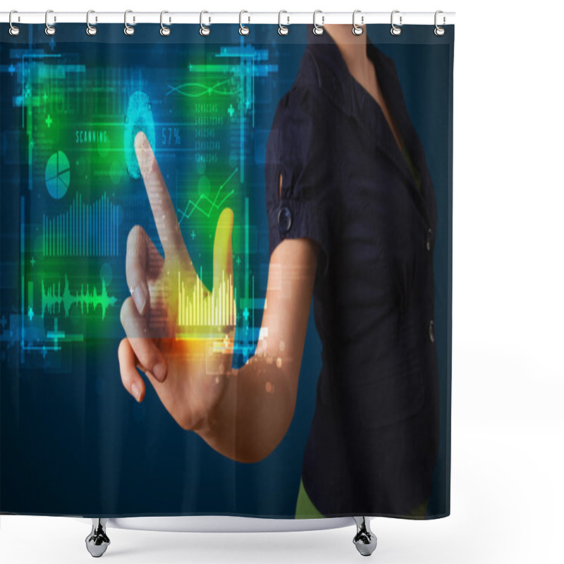 Personality  Young businesswoman pressing modern technology panel with finger shower curtains