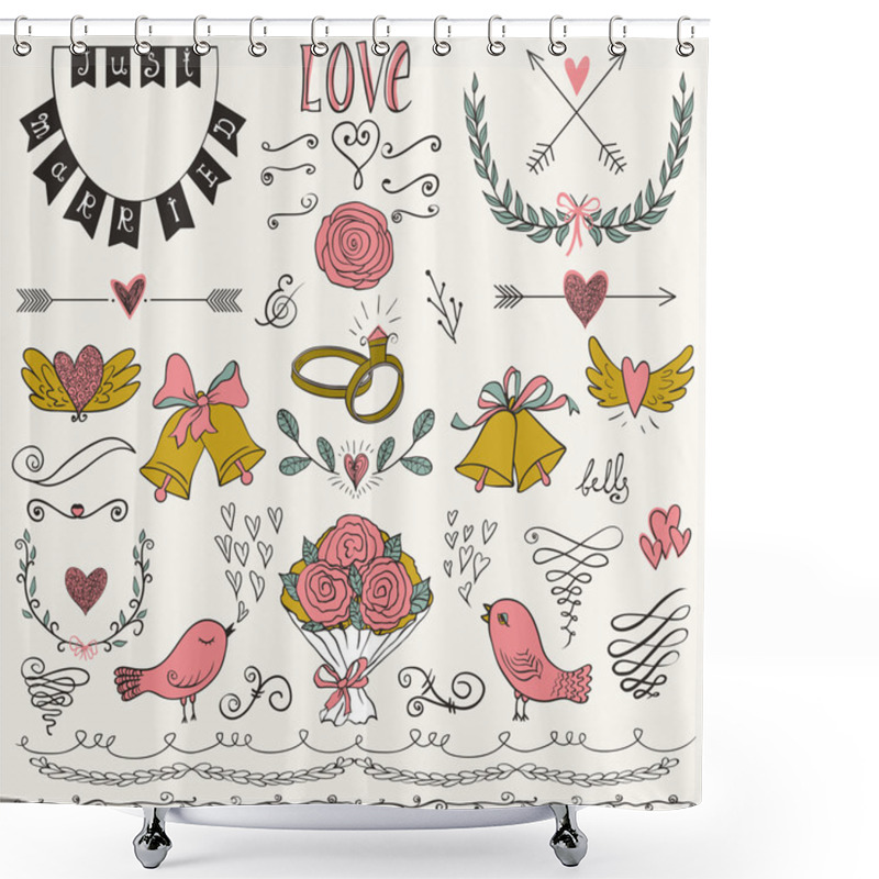 Personality  Wedding Graphic Set, Arrows, Hearts, Birds, Bells, Rings, Laurel, Wreaths, Ribbons And Labels. Shower Curtains