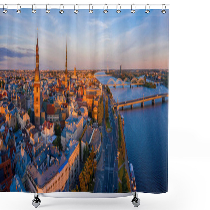 Personality  Flying Over Beautiful Old Town Of Riga, Latvia At Sunset With Domes Cathedral. Panoramic Aerial View. Shower Curtains