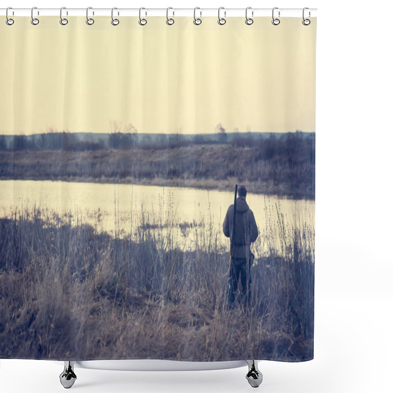 Personality  Hunter Man Standing At River Bank In Expectation Of Successful Hunting During Misty Sunrise In Rural Field Shower Curtains