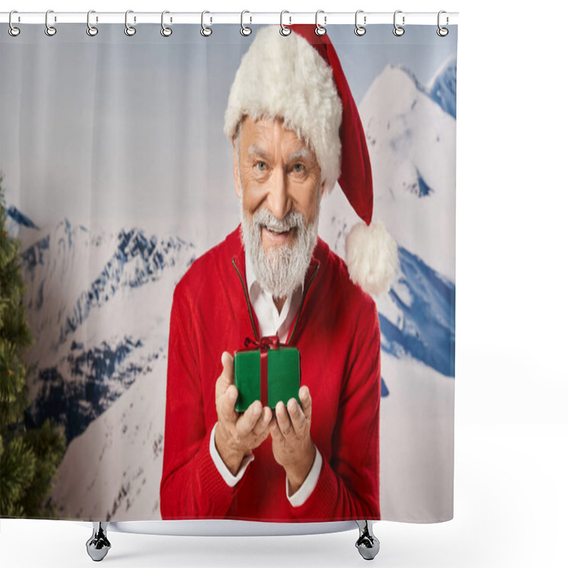 Personality  Jolly White Bearded Santa Smiling Holding Present On Palms Showing It To Camera, Winter Concept Shower Curtains