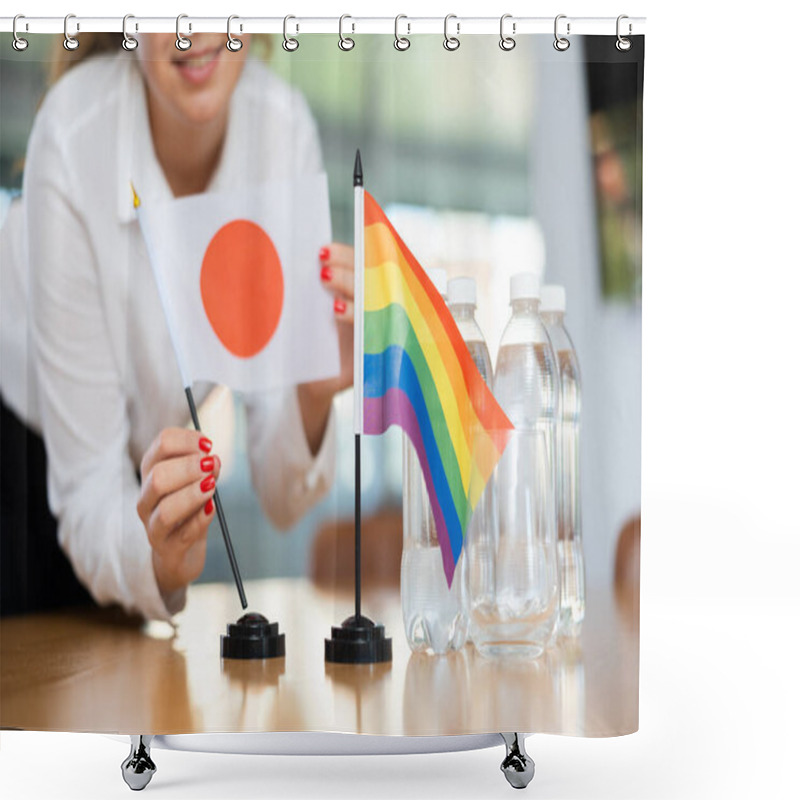 Personality  Young Woman In Business Clothes Puts Flags Of Japan And LGBT On Negotiating Table In Office Shower Curtains