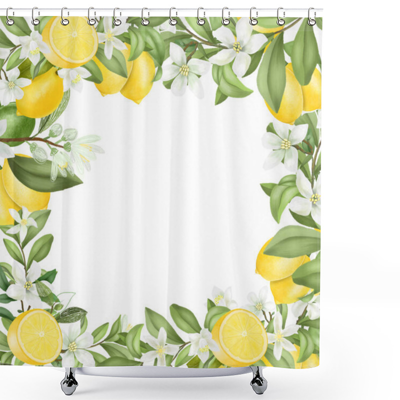 Personality  Card Template, Frame Of Hand Drawn Blooming Lemon Tree Branches, Flowers And Lemons On White Background Shower Curtains