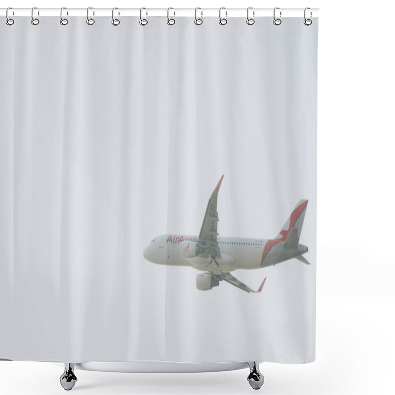 Personality  KYIV, UKRAINE - OCTOBER 21, 2019: Commercial Plane Of Air Arabia Airline In Cloudy Sky Shower Curtains