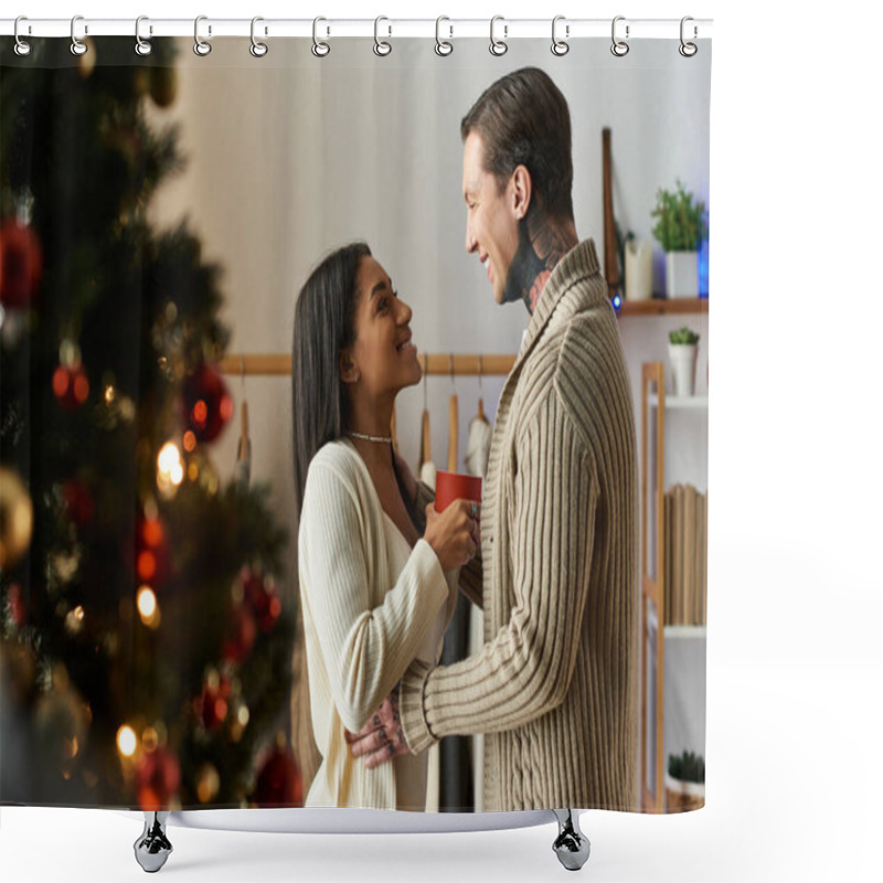 Personality  A Loving Couple Embraces Each Other While Celebrating Christmas At Home, Sharing Joy And Warmth. Shower Curtains