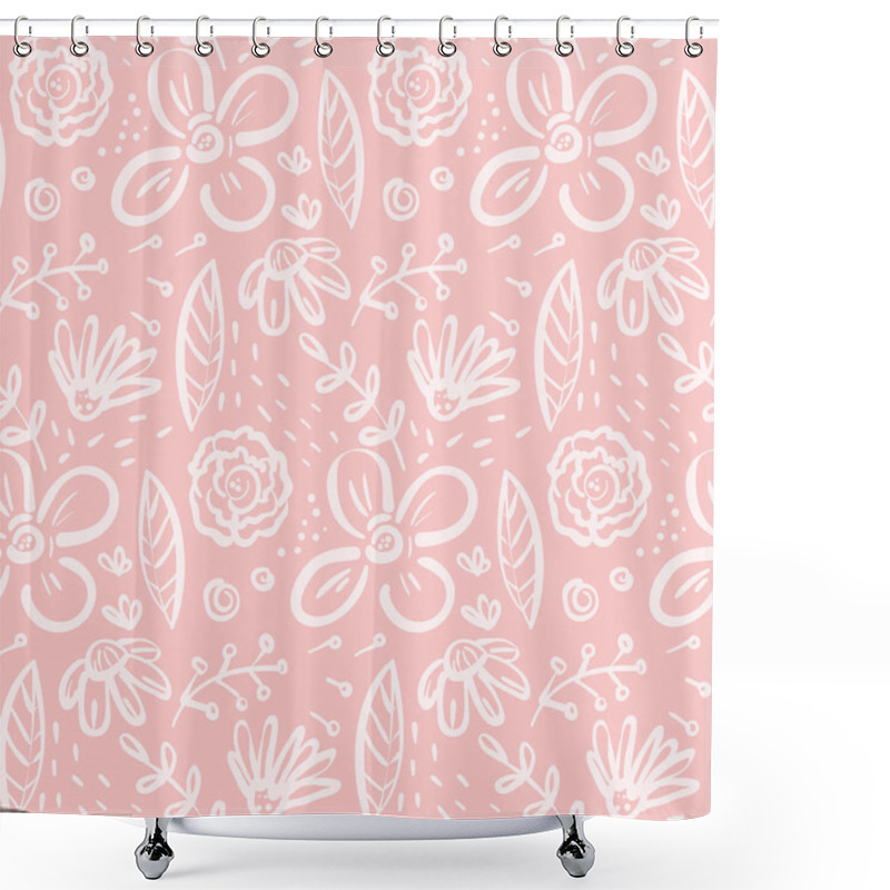 Personality  Funny Pink Doodle Pattern With Big Floral Elements Shower Curtains