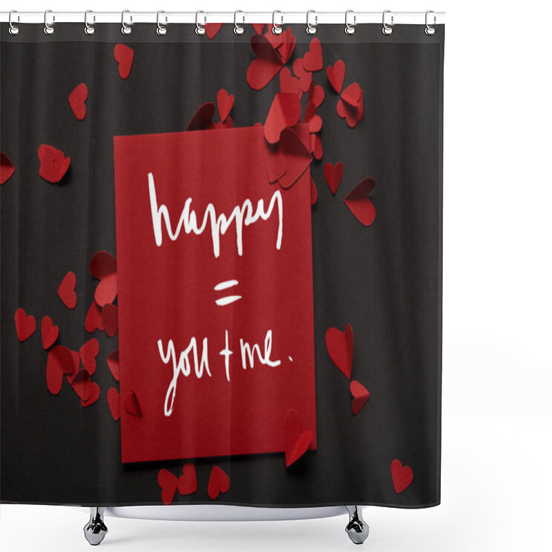 Personality  Top View Of Red Greeting Card With Love Lettering And Paper Cut Hearts On Black Background Shower Curtains