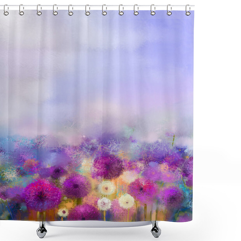 Personality  Oil Painting Purple Onion With White Dandelion Flowers In Meadow Shower Curtains