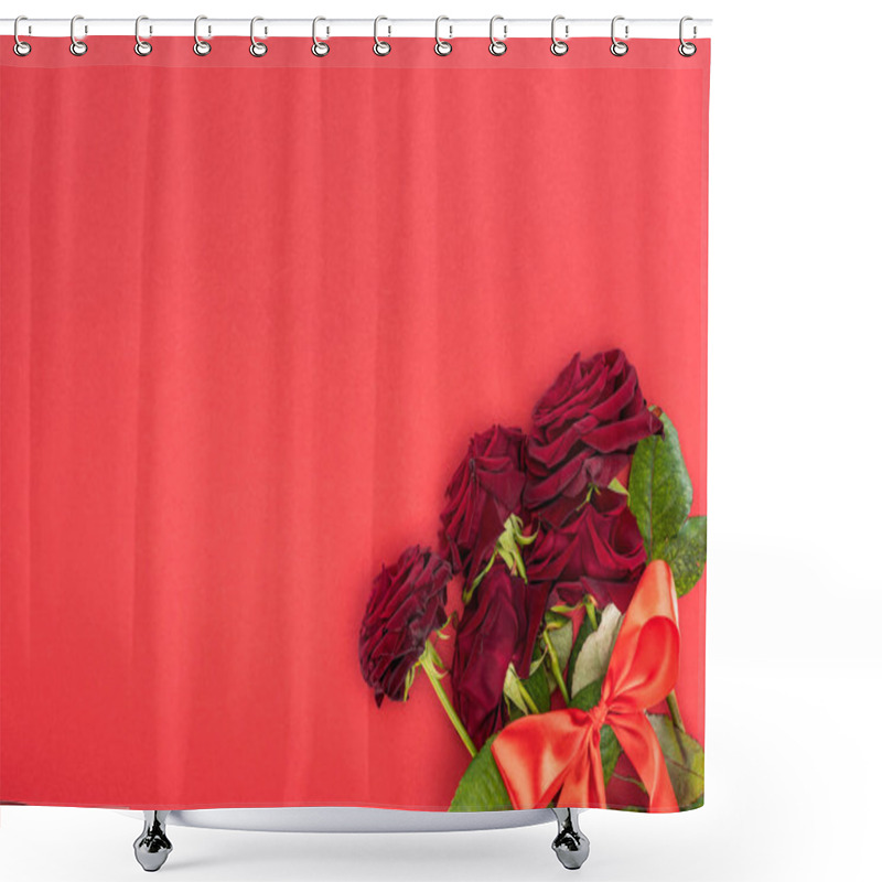 Personality  View From Above Of Bouquet Of Red Roses Wrapped By Festive Ribbon Isolated On Red, St Valentine Day Concept Shower Curtains