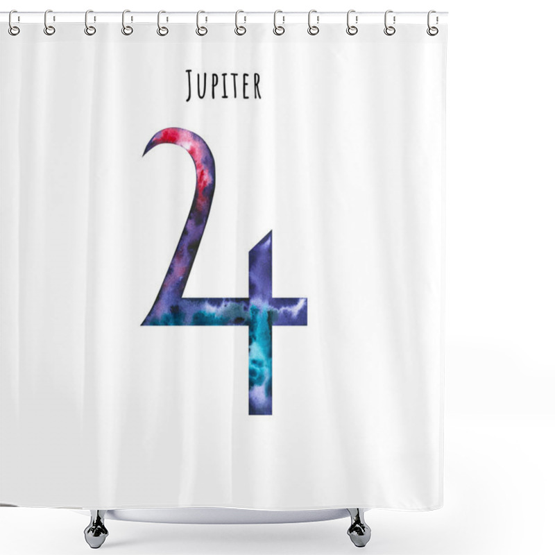 Personality  Watercolor Symbol Of Jupiter. Hand Drawn Illustration Is Isolated On White. Astrological Sign Is Perfect For Astrologer Blog, Horoscope Background, Astronomy Design, Cosmic Card Shower Curtains