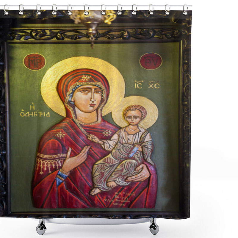 Personality  Virgin Mary Holding The Child Jesus Eastern Orthodox Icon Shower Curtains