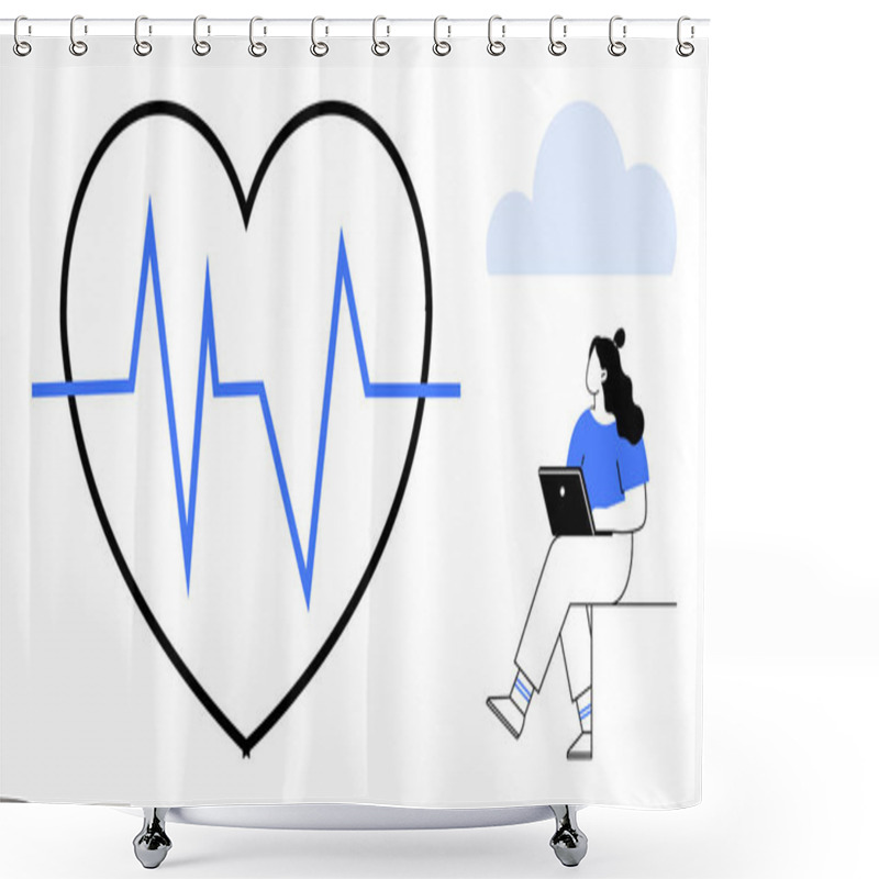 Personality  Woman Sitting On Bench Using Laptop, Large Heart Shape With EKG Line Next To Her, Cloud Above. Ideal For Healthcare, Technology, Remote Work, Health Monitoring, Telemedicine, Digital Life, Wellness Shower Curtains