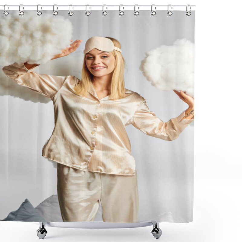 Personality  A Dreamy Blonde Woman In Pajamas Surrounded By Fluffy Clouds. Shower Curtains