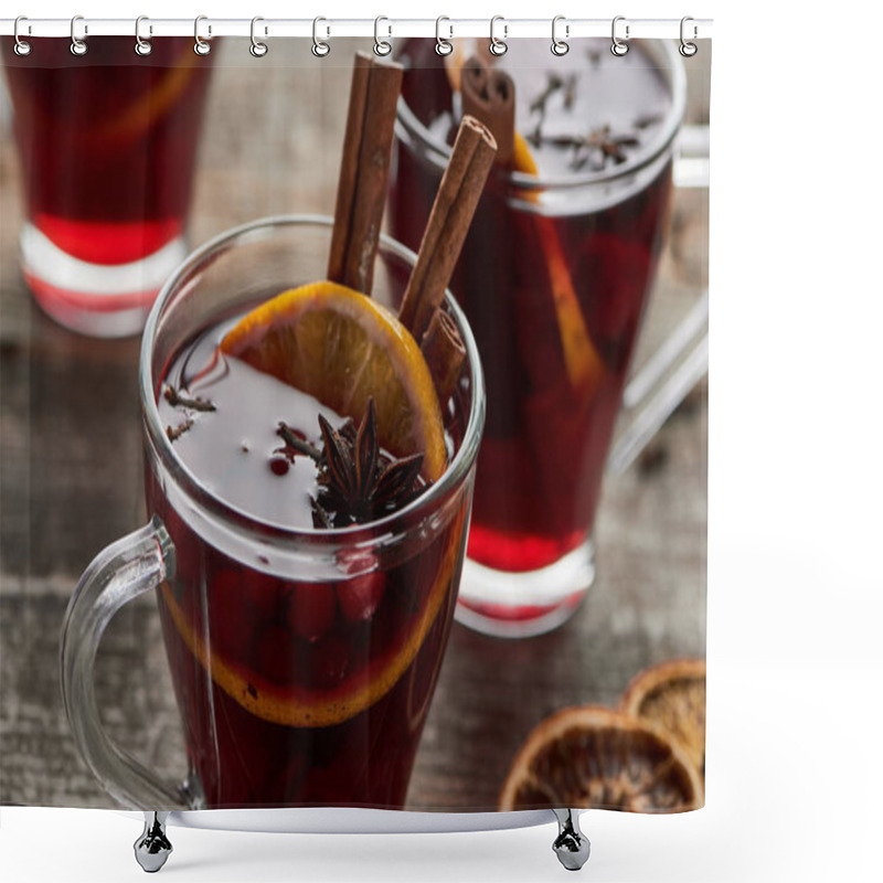 Personality  Close Up View Of Red Spiced Mulled Wine With Berries, Anise, Orange Slice And Cinnamon On Wooden Rustic Table Shower Curtains