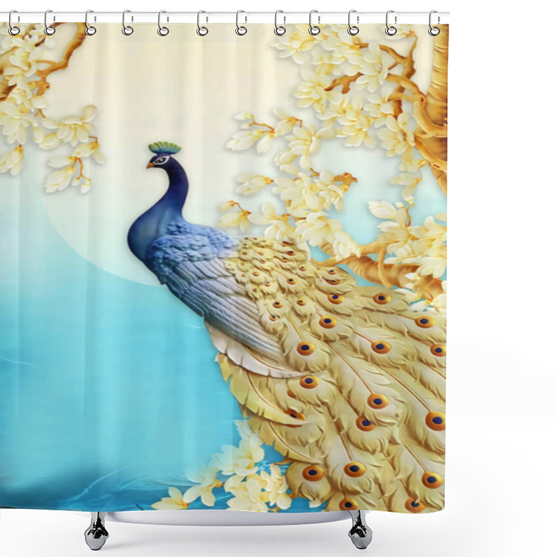 Personality  3d Mural Illustration Background With Golden Jewelry And Flowers , Simple Decorative Wood Wallpaper . Colored Peacock . Suitable For Use On A Wall Frame Shower Curtains