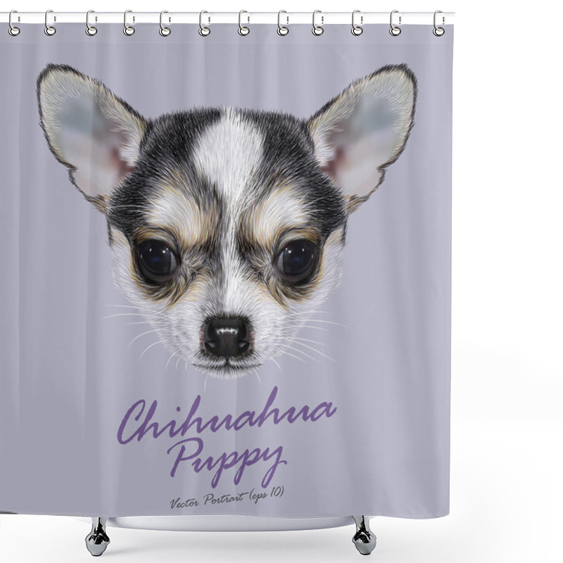 Personality  Chihuahua Animal Dog Cute Face. Vector Black And White Spotted Chihuahua Puppy Head Portrait. Realistic Fur Portrait Of Purebred Chihuahua Doggy On Blue Background. Shower Curtains