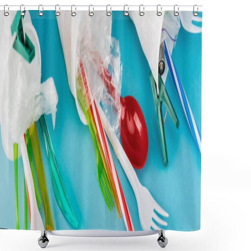 Personality  Close Up View Of Plastic Cups With Disposable Cutlery On Blue Background, Panoramic Shot Shower Curtains