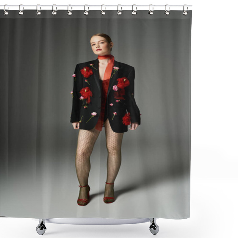 Personality  A Young Woman Adorned In Flowers Stands With Elegance And Confidence. Shower Curtains