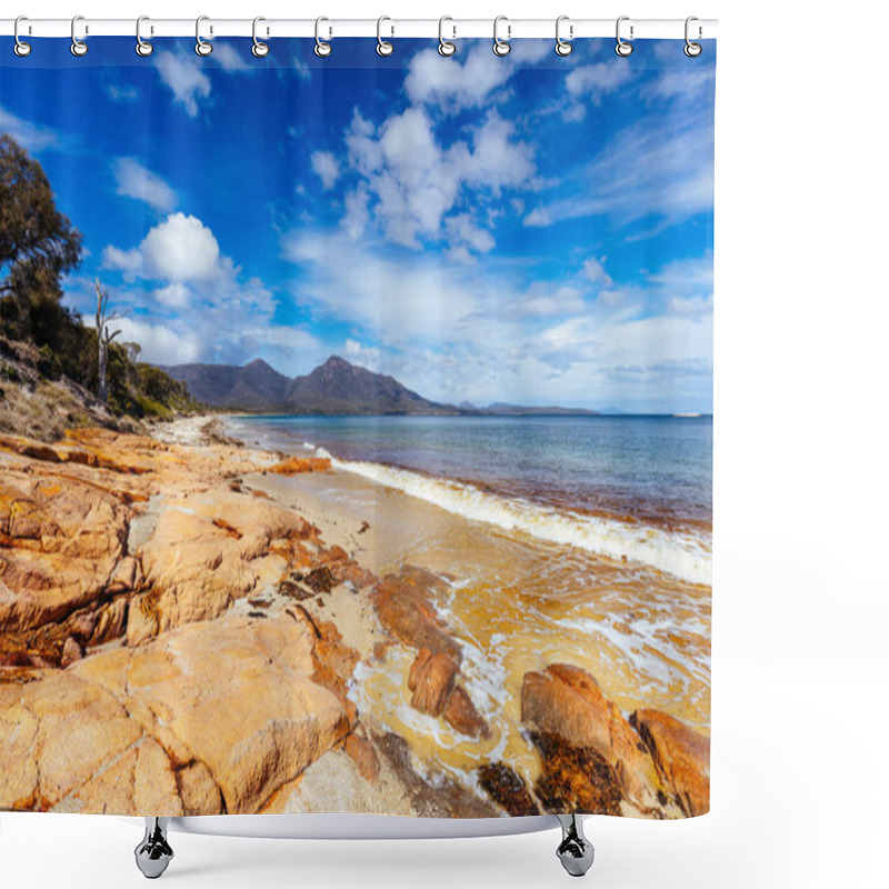 Personality  The Iconic Hazards Beach During A Warm Spring Day On The West Side Of The Freycinet Peninsula In Tasmania, Australia Shower Curtains