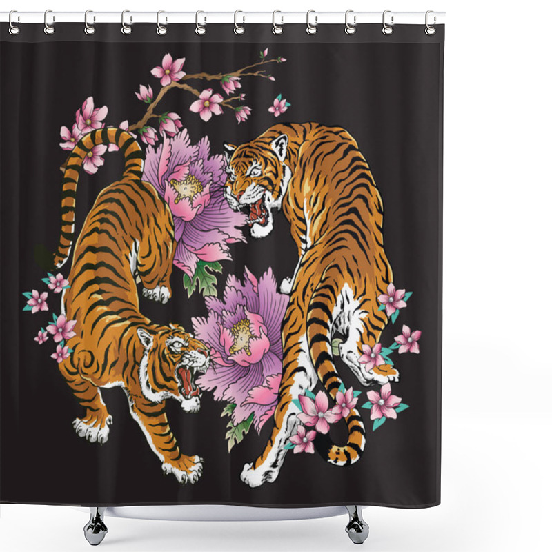 Personality  Fighting Asian Tattoo Tigers With Floral Elements. Shower Curtains