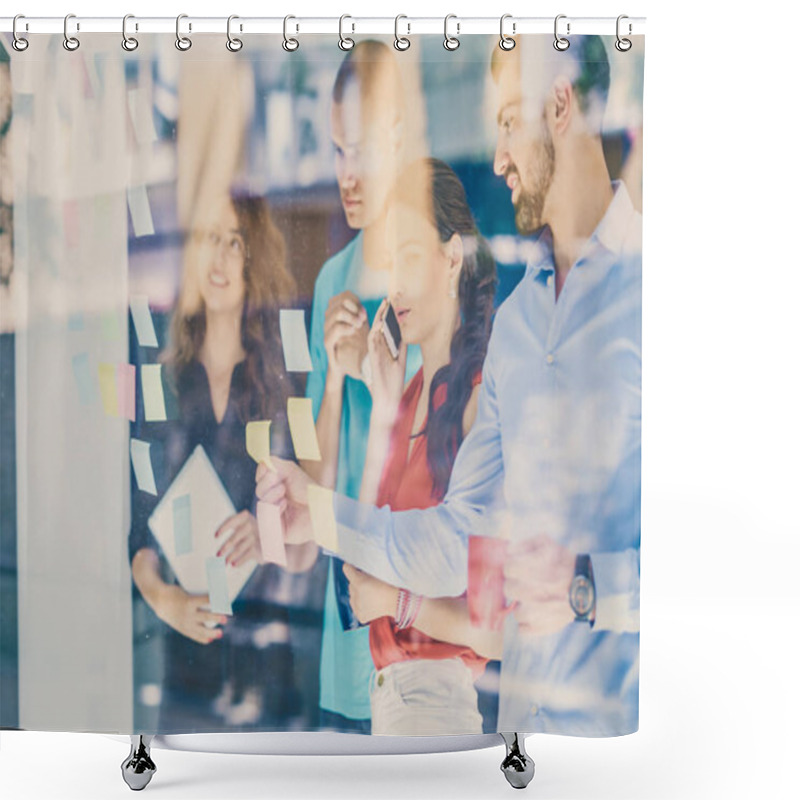 Personality  Business, Startup, Planning, Management And People Concept - Happy Creative Team Writing On Stickers At Office Glass Board Shower Curtains