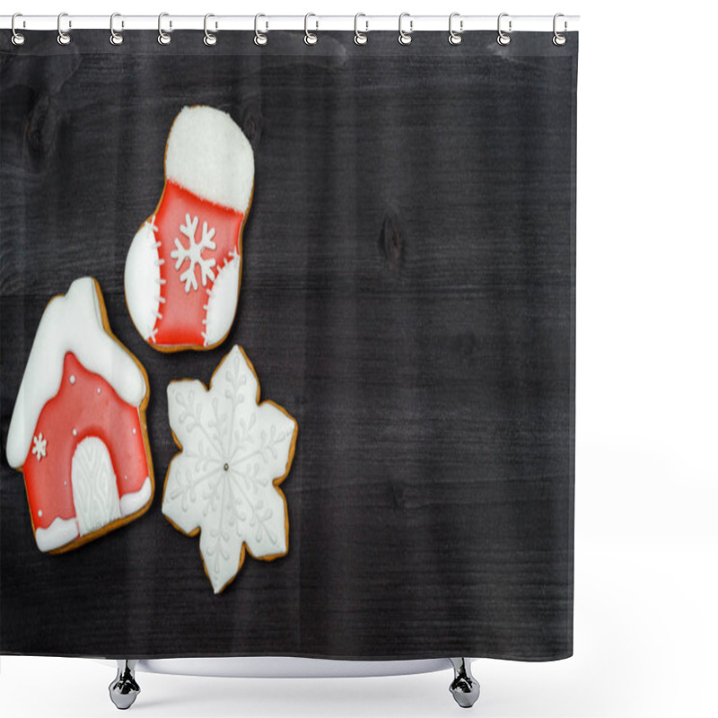 Personality  Tasty Homemade Gingerbread Cookies With Icing On Dark Wooden Table, Top View, Flat Lay. Christmas Background With Snowflake, Stocking And House, Copy Space. Holiday Food Shower Curtains