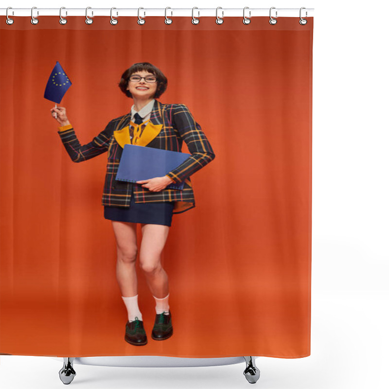 Personality  Happy Young College Girl In Uniform And Glasses Holding EU Flag With Notebook On Orange Background Shower Curtains