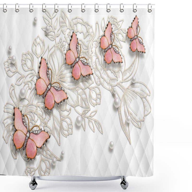 Personality  3d Wallpaper Texture, Cultivated Flowers And Butterflies On White Abstract Background Shower Curtains