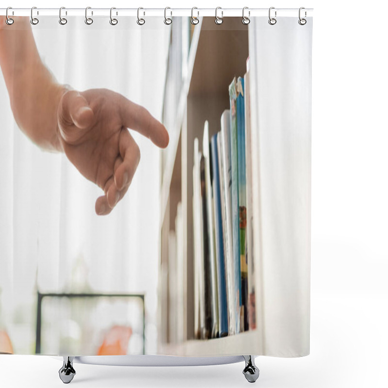 Personality  A Young Man Reaching For A Book On A Library Shelf. Shower Curtains