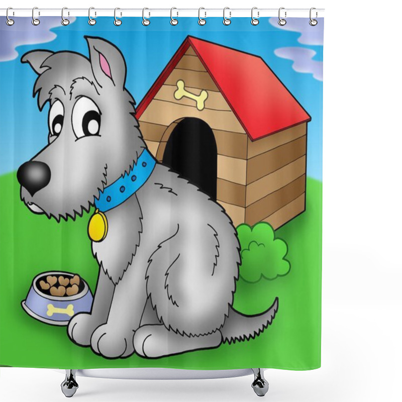 Personality  Grey Dog In Front Of Kennel Shower Curtains