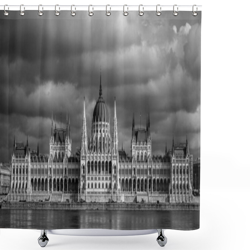 Personality  Cloudy Skies Above The Hungarian Parliament Building, Budapest (Hungary) In February 2013. Shower Curtains