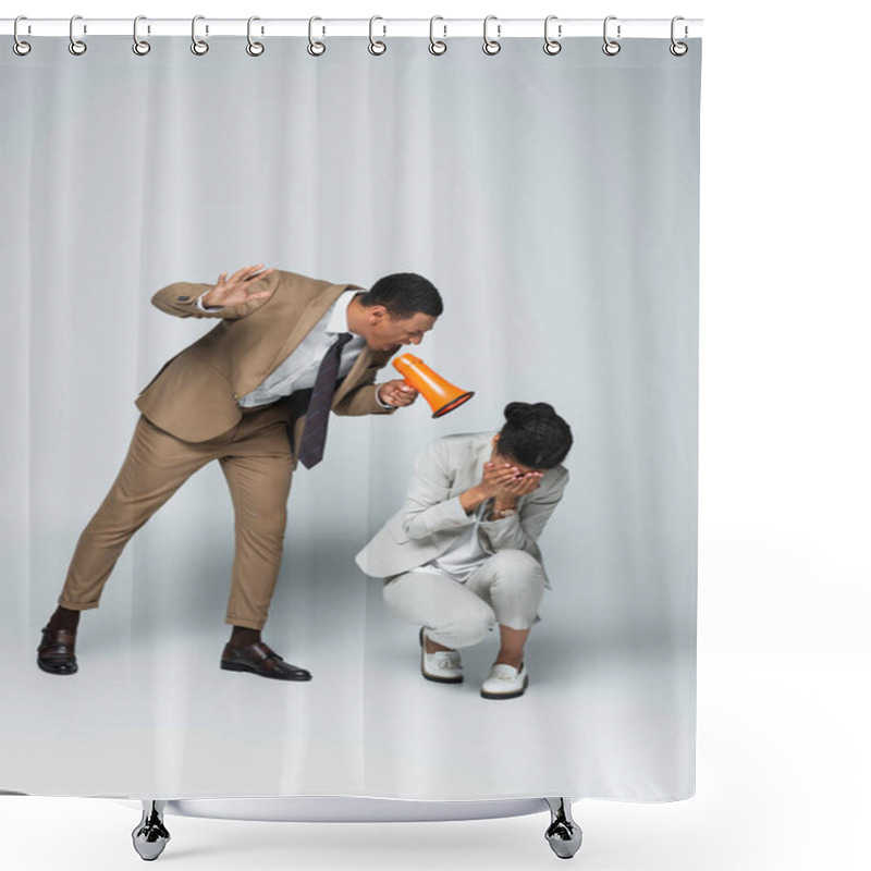 Personality  Angry African American Businessman Screaming At Scared Businesswoman While Holding Megaphone On Grey Shower Curtains