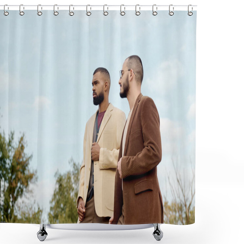 Personality  Two Male Models Showcase Trendy Autumn Outfits While Standing Confidently In A Picturesque Field. Shower Curtains