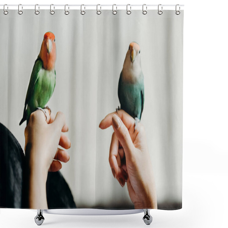 Personality  Woman Liviing With Lovebird On Hand In Livingroom. Concept For Pets Nursery ,animal Health And People Lifestyle. Shower Curtains