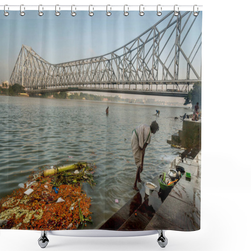 Personality  Pollution At The Ganges River Bank With The Historic Howrah Bridge At The Backdrop. Shower Curtains