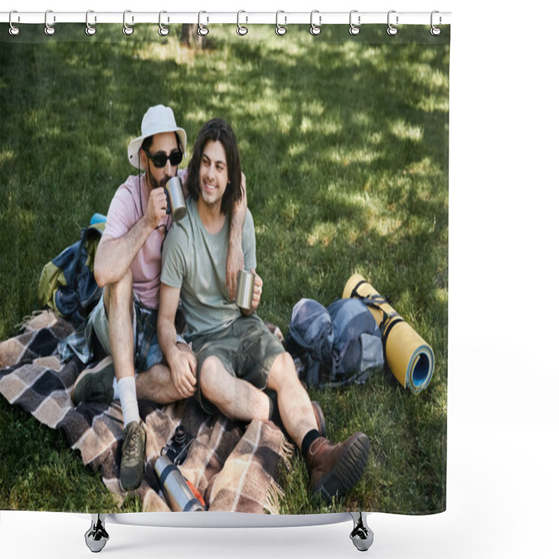 Personality  A Young Gay Couple Enjoys A Break During Their Summer Hike, Sharing Drinks And Laughter In The Peaceful Wilderness. Shower Curtains