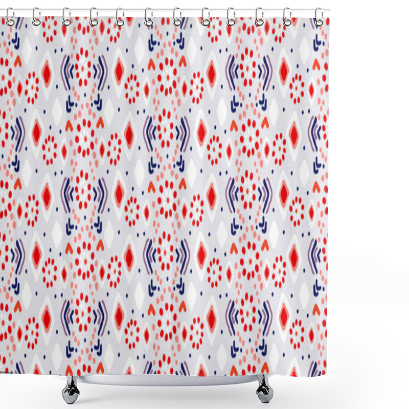 Personality  Seamless Ethnic Pattern. Ikat Geometric Folklore Ornament. National Motifs Print In Bohemian Style. Abstract Tribal Texture In Rich Red, Blue, And White. Perfect Template For Fashion Design. Shower Curtains