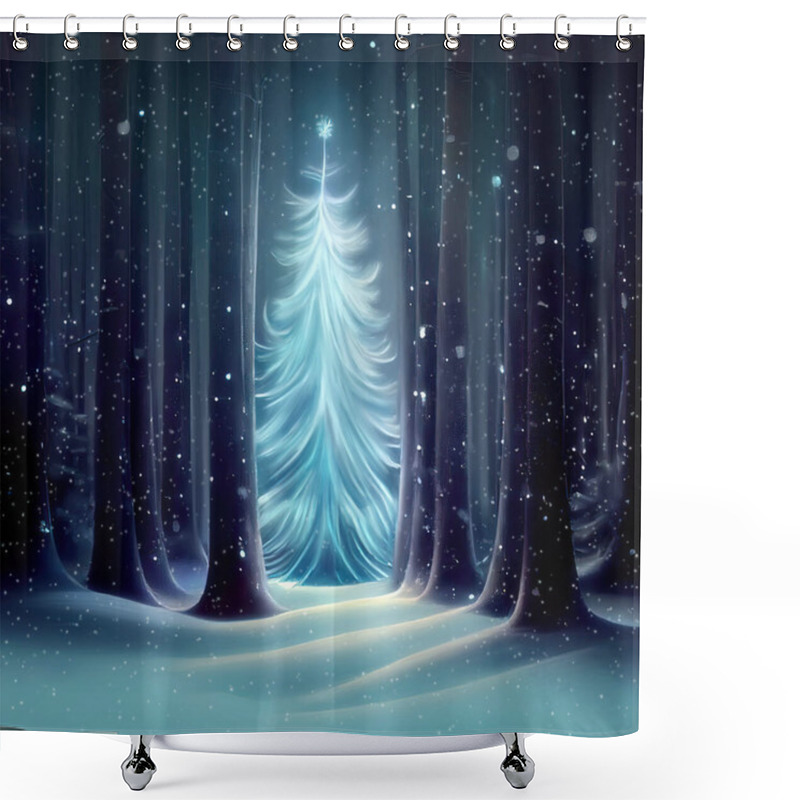 Personality  Christmas Tree Shining Brightly In A Magic Winter Forest Covered With Snow At Night. Square Format, Copy Space, 3D Digital Illustration Shower Curtains