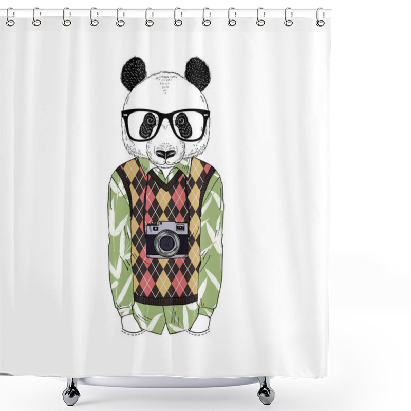 Personality  Humanized Panda Bear Man Hipster With Photo Camera Dressed Up In Retro Shirt And Knitted Argyle Gilet. Shower Curtains