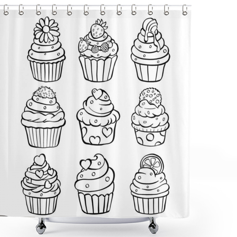 Personality  Black Line Set Of Nine Cupcakes On White Background. Hand Drawn Cartoon Style. Doodle For Coloring, Decoration Or Any Design. Vector Illustration Of Kid Art. Shower Curtains