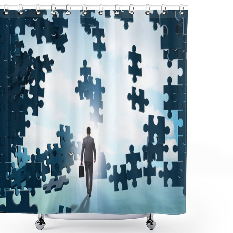 Personality  Businessman Breaking The Wall Of Jigsaw Puzzle Shower Curtains