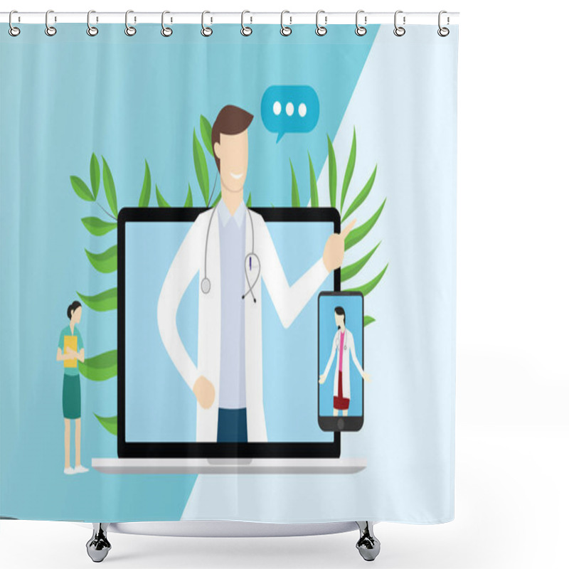 Personality  Online Doctor Service Technology For Consultations With Laptop And Smartphone Apps - Vector Illustration Shower Curtains