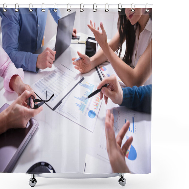 Personality  Close-up Of Business Colleagues Working Together With Data Analysis Paper On Desk Shower Curtains