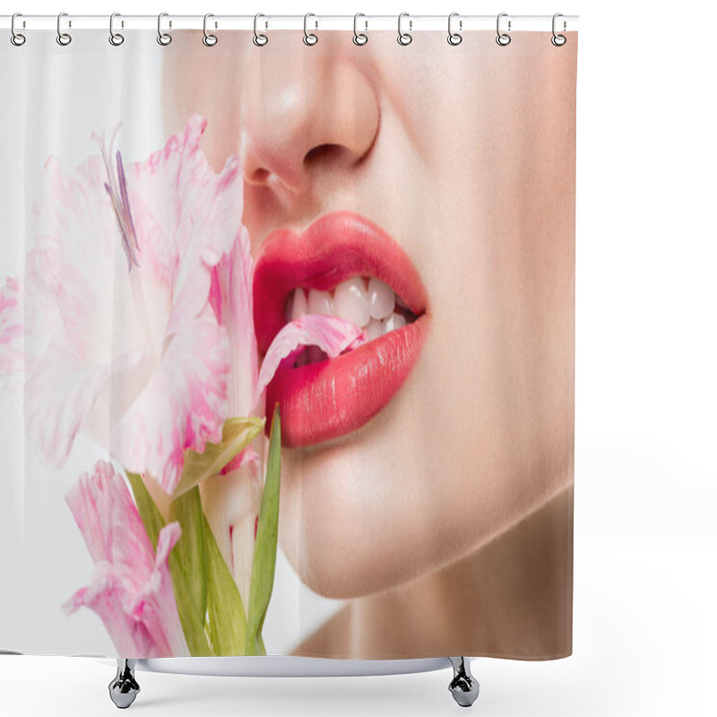 Personality  Partial View Of Girl Biting Pink Flowers, Isolated On White Shower Curtains