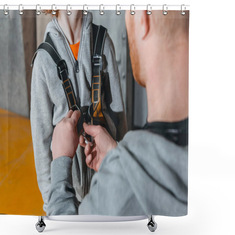 Personality  Dad Securing Son In Harness Shower Curtains