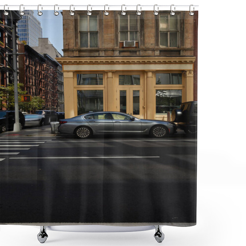 Personality  Cars On Pedestrian Crossing Near Building With Glass Showcases On Avenue In New York, City Vibes Shower Curtains