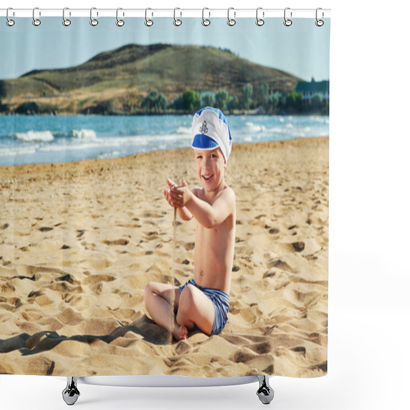 Personality  Happy Child Sitting On Beach Playing Sand Pouring In His Hands. Pretty Little Boy Smiling Relaxing On Vacation, Warm Summer Day, Outdoor. Background Coast, Sea, Nature. Vacation, Resort, Lifestyle. Shower Curtains