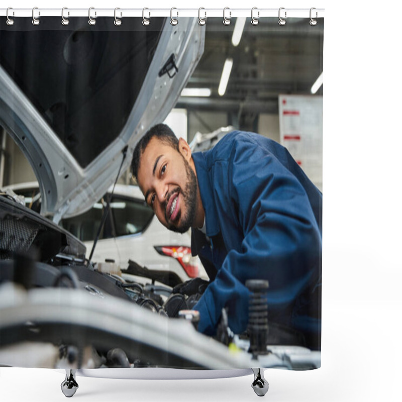 Personality  A Young Mechanic Smiles While Expertly Fixing A Car Engine Under Bright Workshop Lights. Shower Curtains